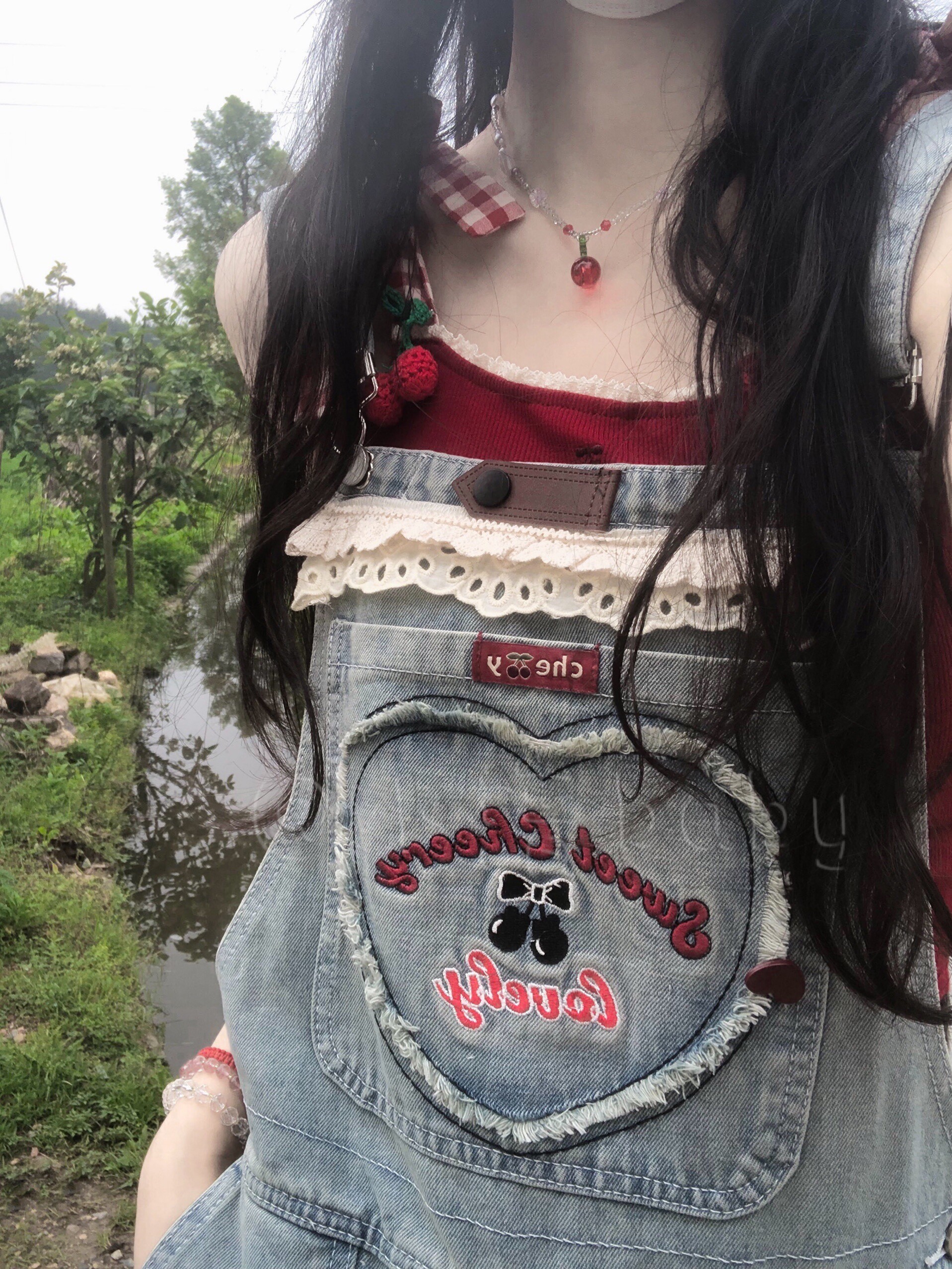 CHERRY TENNA DENIM SUSPENDERS WOMENS SUMMER KOREAN VERSION LOOSE CUTE STUDENT AGE REDUCTION SMALL STRAIGHT JUMPSUIT