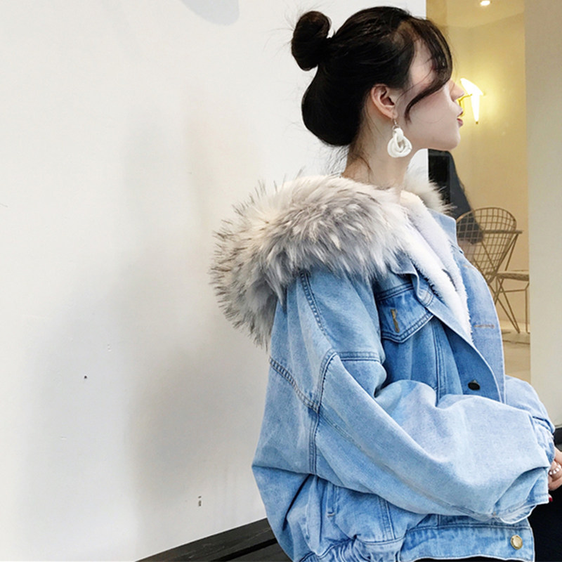 反节外套女ins港味宽松加绒加厚 毛领牛仔外套连帽短款羊羔毛棉服