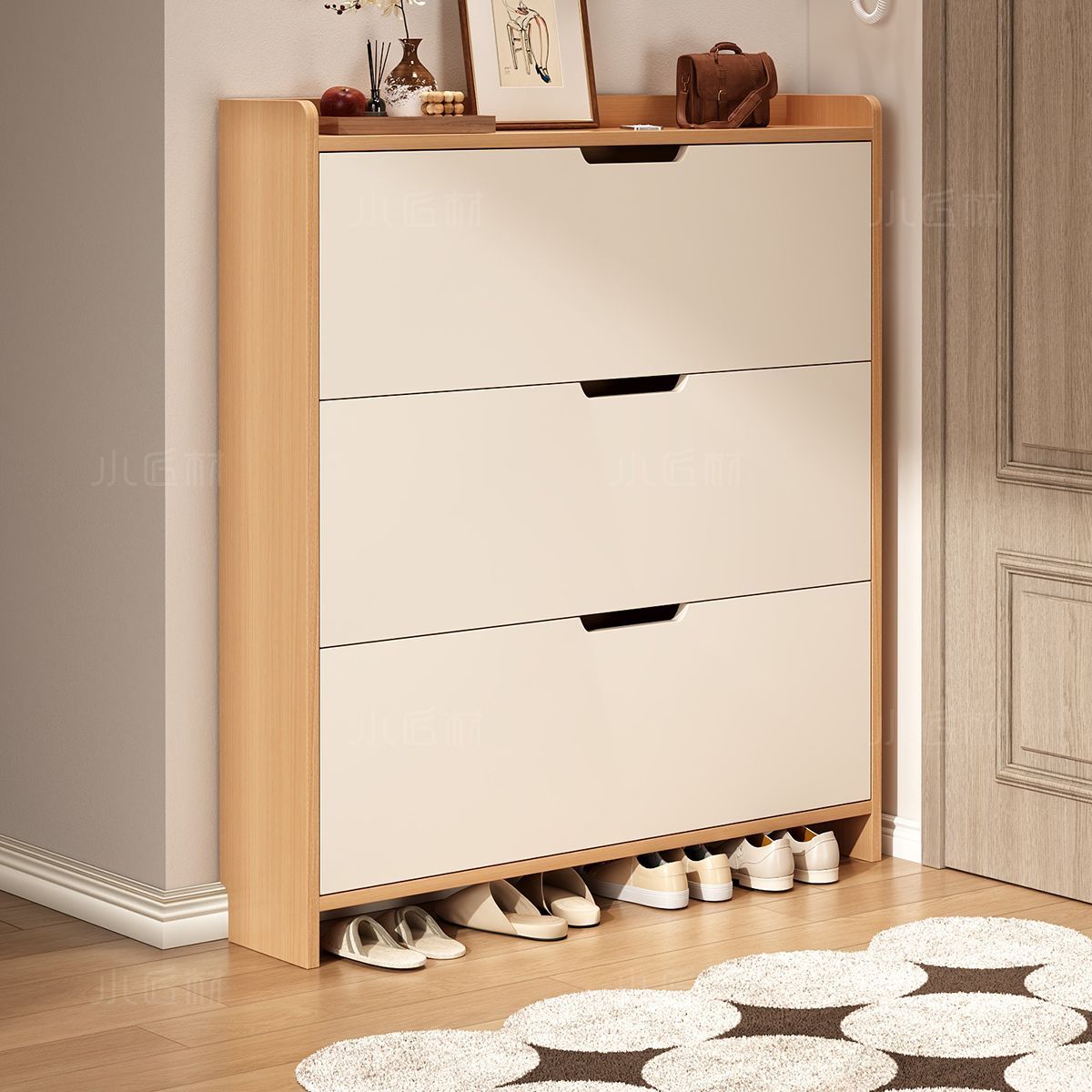 入户门后鞋柜超薄翻斗式家用门口楼道外窄17厚24cm宽小型实木鞋架