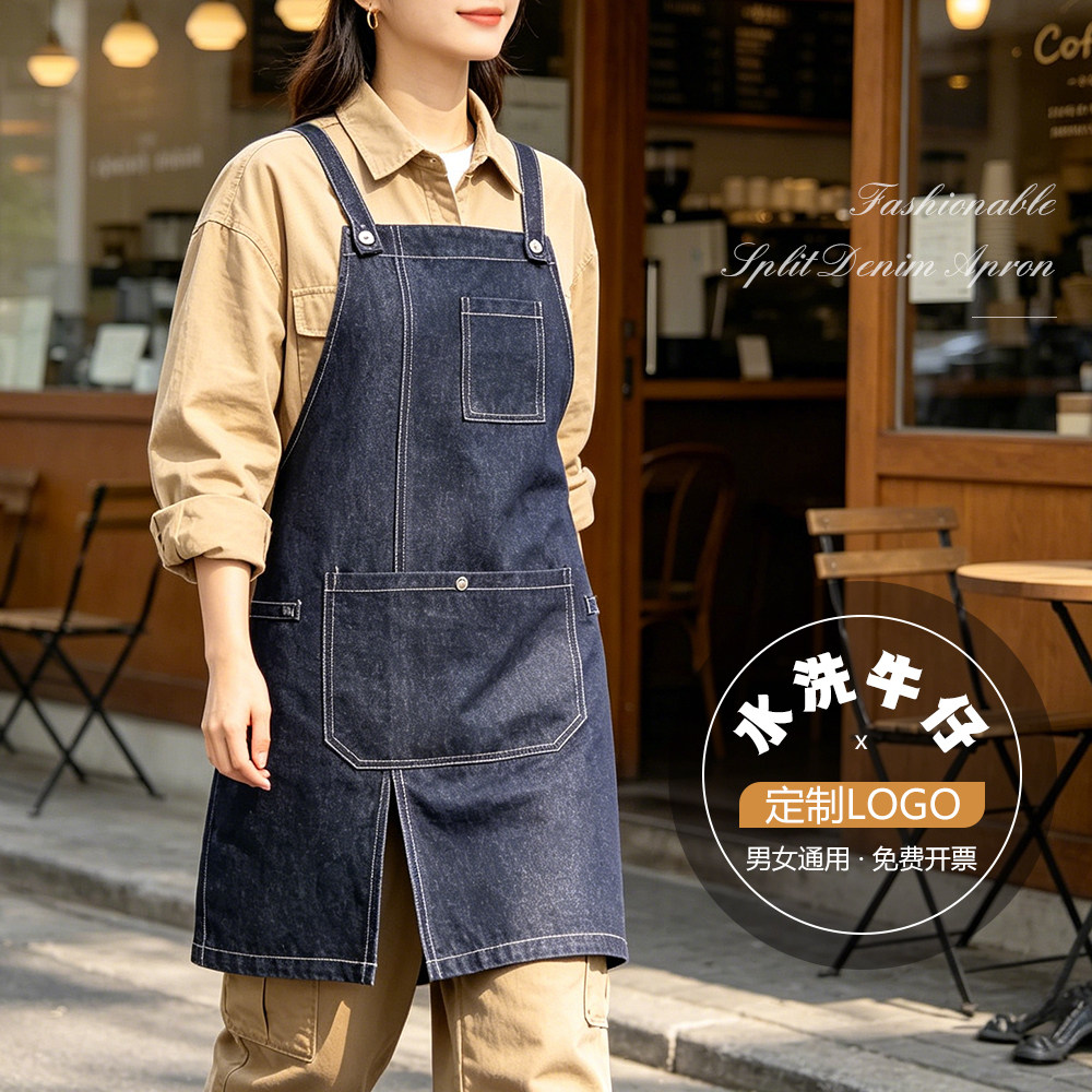 女时尚牛仔围裙纯棉咖啡师奶茶店餐饮厨房男韩版工作服定制印logo