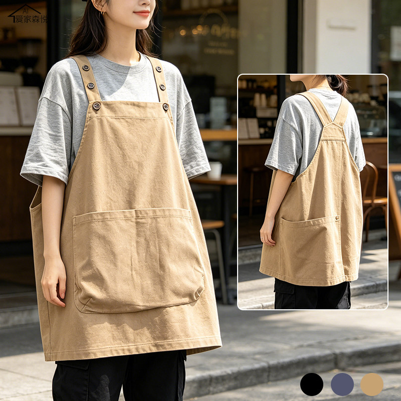 奶茶店服务员马甲式围裙定制印logo咖啡店年轻款时尚纯棉工作服女