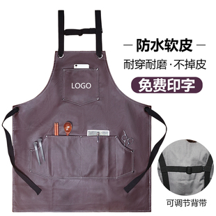 美发工作服 防水软皮革pu围裙定制印字女厨房餐饮防油男士 时尚 新款