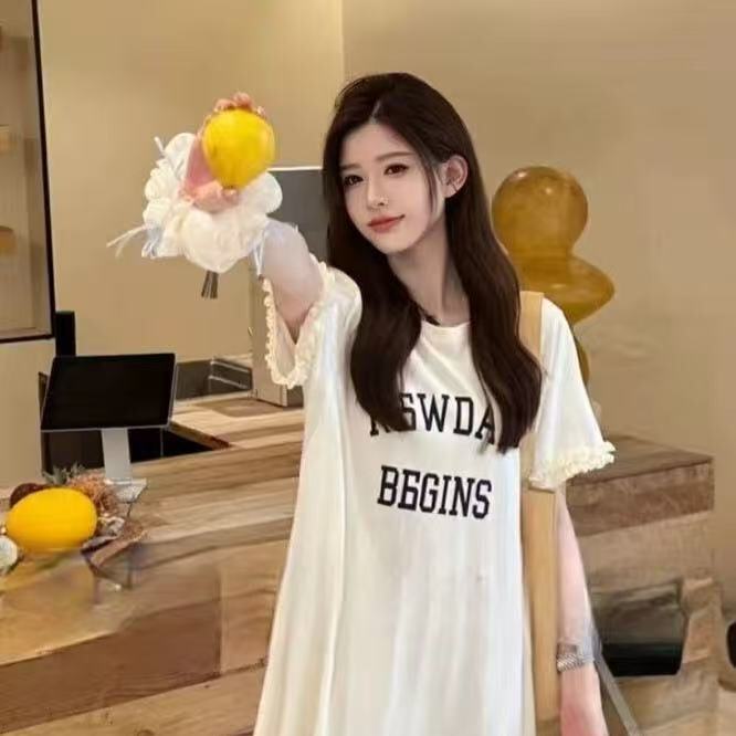 巨好看的宽松连衣裙胖mm夏装减龄2026超火长裙网纱拼接大码T恤裙