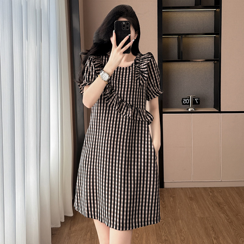 时尚洋气格子宽松显瘦大码女装胖mm胖妹妹短袖连衣裙夏季新款韩版