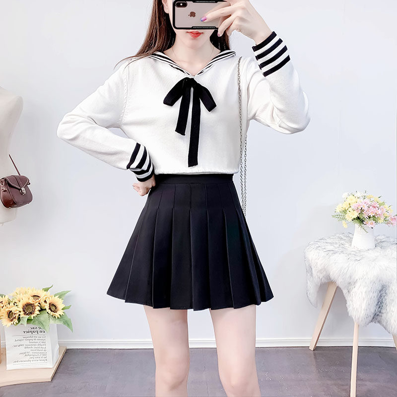 甜美可爱少女海军风毛衣穿搭配裙子女秋冬学生小个子显高两件套装