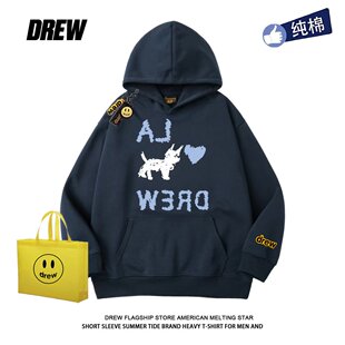 drew明星IU同款狗狗印花秋冬加绒连帽卫衣百搭男女纯棉街头宽松