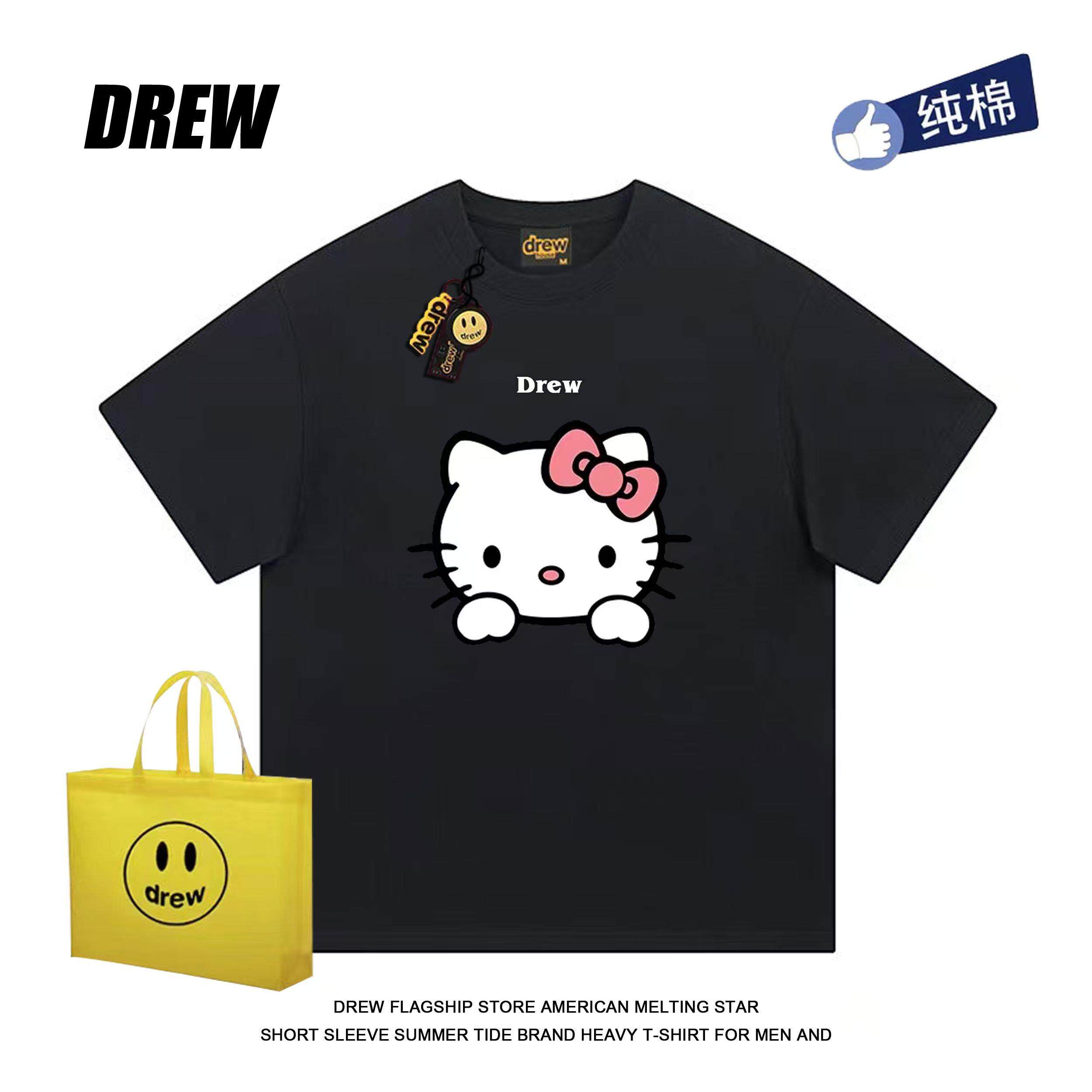 drew美式卡通新款HelloKitty猫脸卡通可爱简约短袖T恤男女纯棉ins
