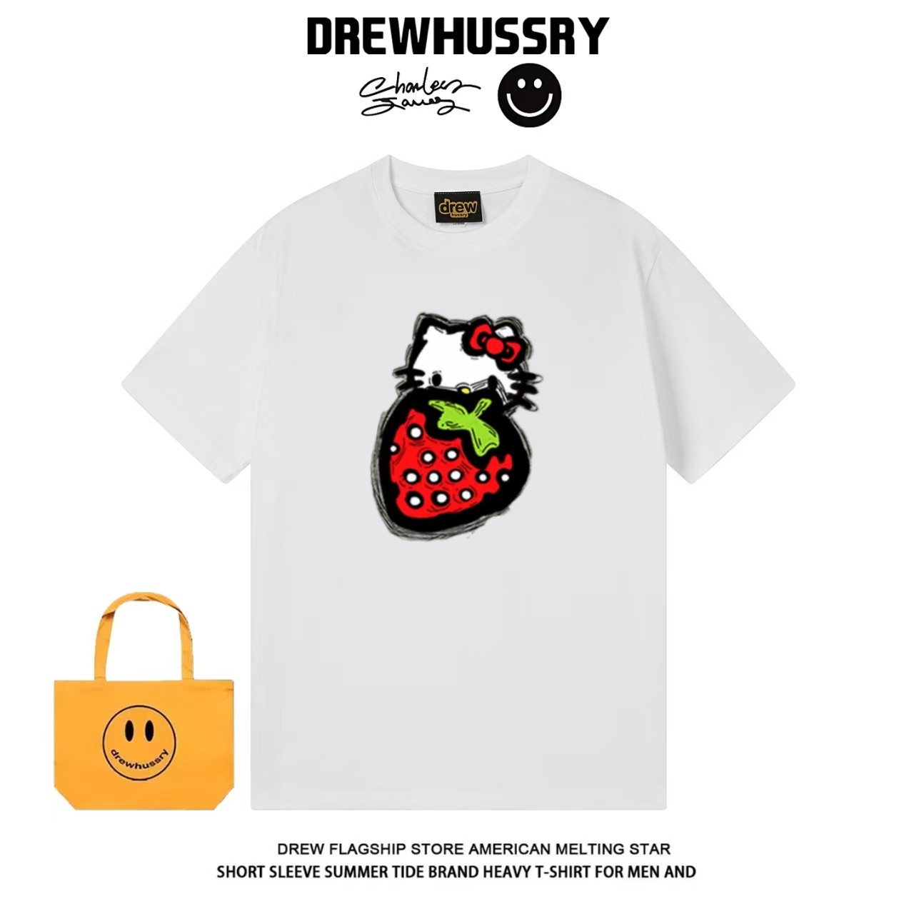drew卡通草莓Kitty猫印花休闲百搭街头男女重磅纯棉短袖T恤上衣,男装,T恤,淘宝优惠券,粉丝福利购,淘宝优惠卷
