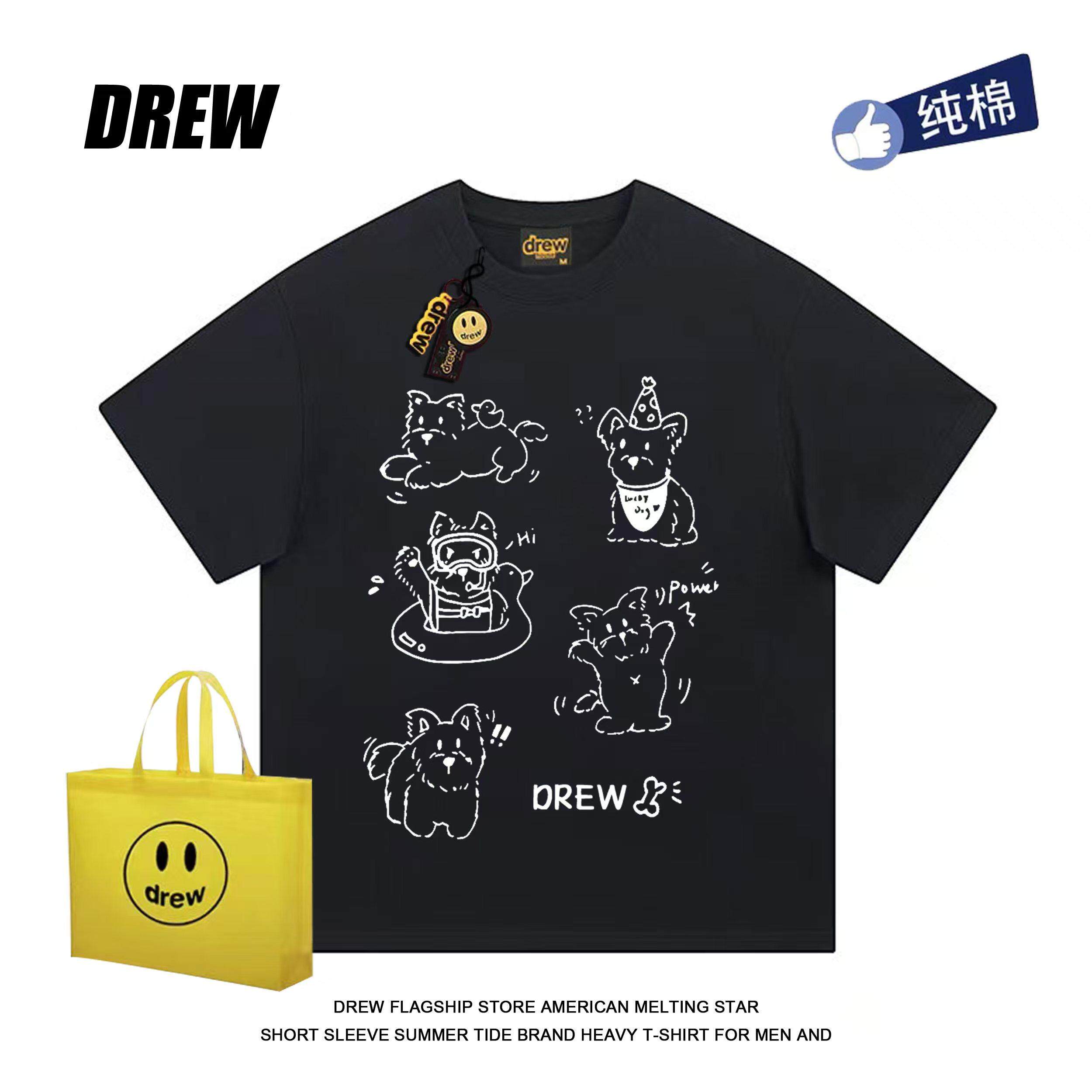 drew夏季新款趣味短袖T恤约克夏线条狗狗印花百搭纯棉重磅男女款