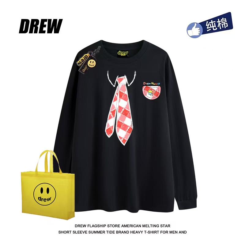 drew美式格子领带设计感休闲趣味印花长袖上衣百搭纯棉男女街头