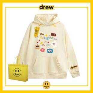 drew秋冬新款周雨彤同款oversize连帽宽松卡通纯棉卫衣男女情侣款
