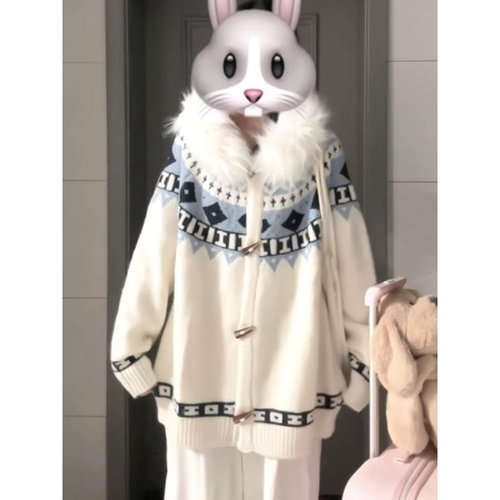 牛角扣复古图案连帽开衫毛衣外套韩版超好看毛茸边松弛针织衫上衣