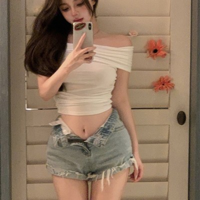法式别致纯欲风显瘦一字肩T恤衫女夏装高级感修身短款露脐上衣潮