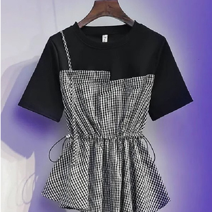 夏装收腰假两件抽绳单吊带格纹T恤小衫韩版别致甜美女衬衫上衣潮