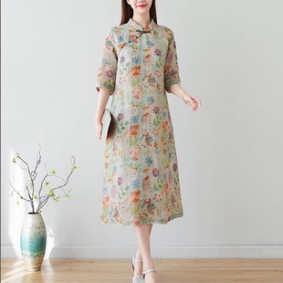 新中式气质新款休闲宽松旗袍裙女春夏民国风五分袖过膝碎花连衣裙