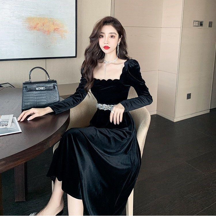 A字裙金丝绒纯色腰带方领连衣裙