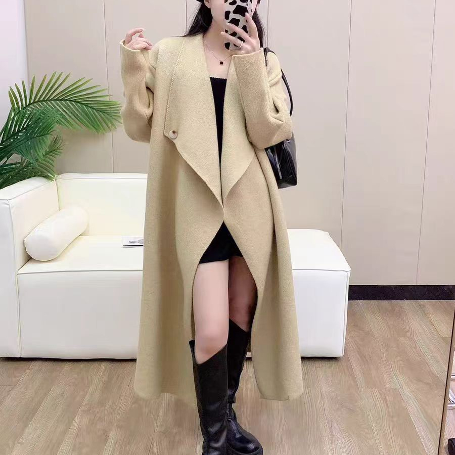 温柔风中长款翻领百搭女毛衣外套韩版松弛感过膝不规则风衣针织衫