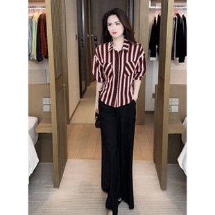 新款polo领宽松洋气衬衫外套春夏长袖慵懒风条纹休闲女款开衫上衣