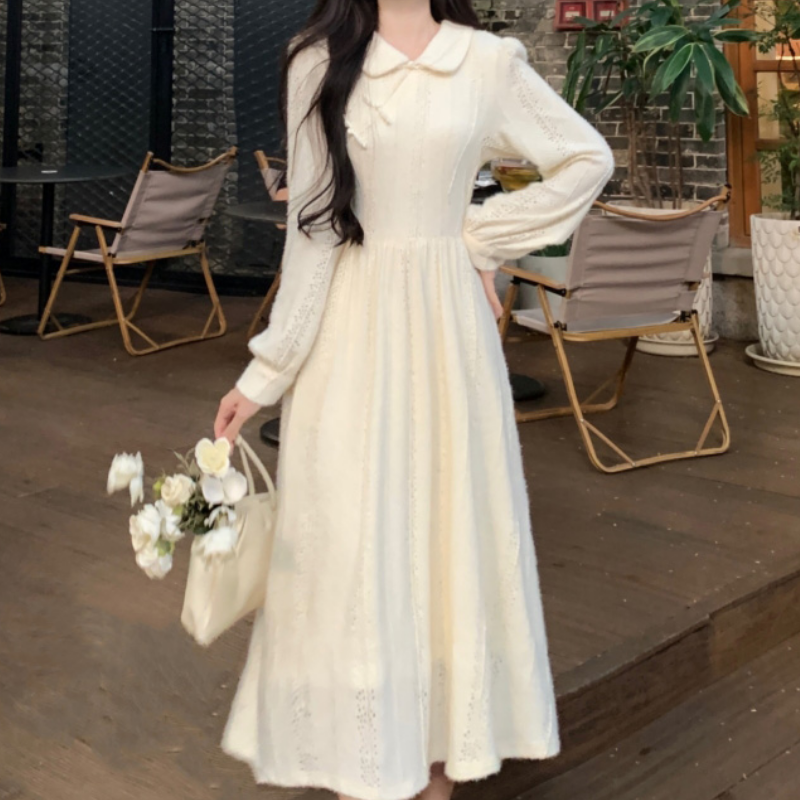 秋季复古新中式改良旗袍翻领过膝中长裙女白色气质修身长袖连衣裙