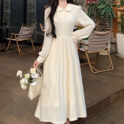 秋季复古新中式改良旗袍翻领过膝中长裙女白色气质修身长袖连衣裙