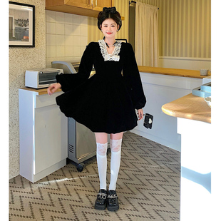 秋冬天法式温柔风减龄宽松丝绒A字小短裙女赫本风蓬蓬公主连衣裙