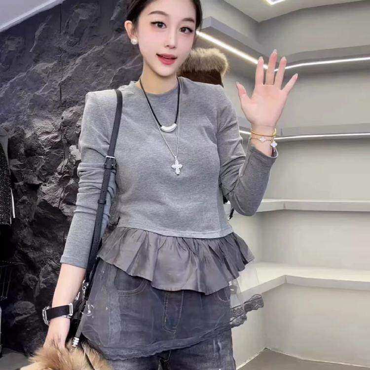 春季蕾丝拼接带裙摆长袖内搭打底衫上衣韩版中长款纯色女T恤小衫