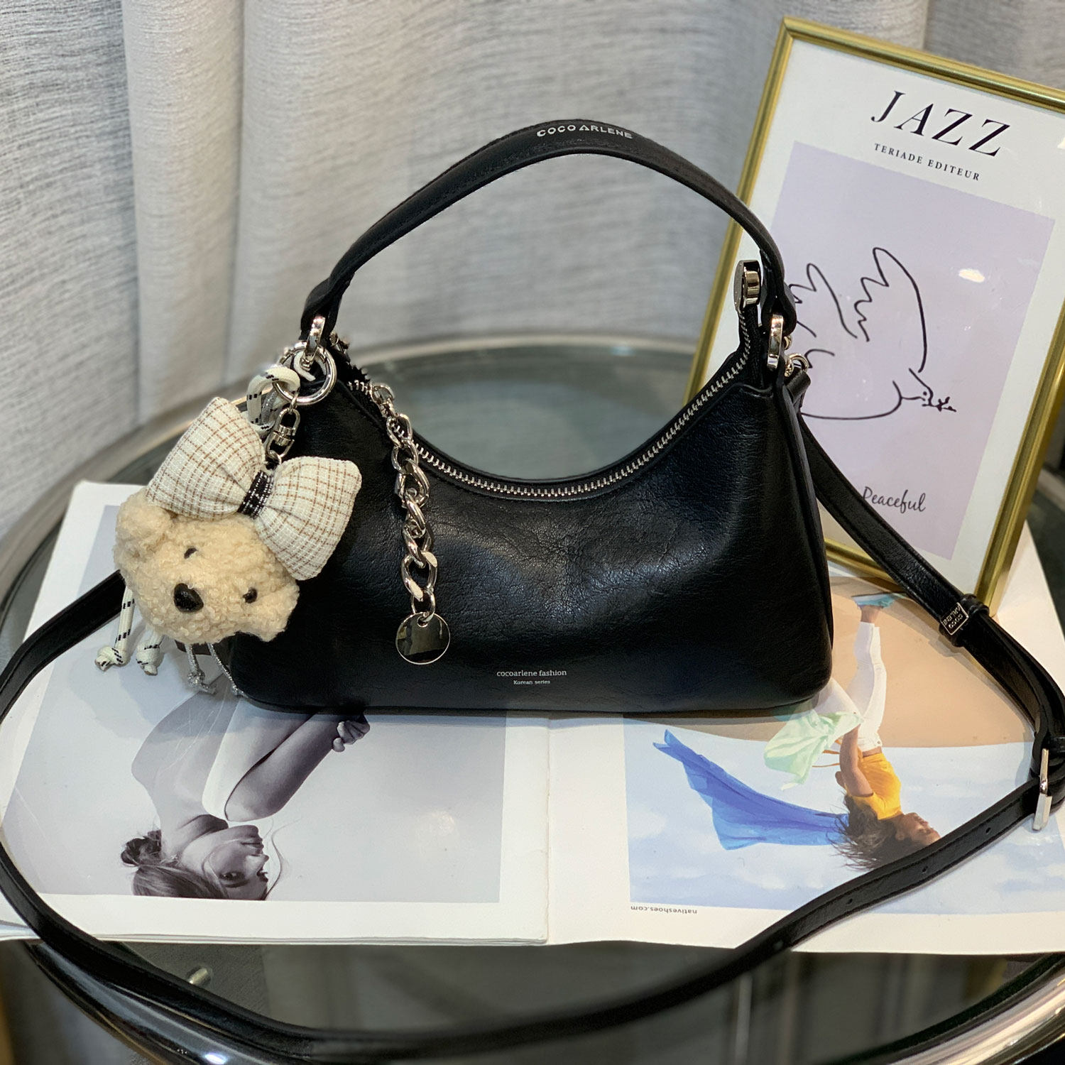 2026春夏新款高级感小牛皮链条手提斜挎包挂件腋下包洋气女包