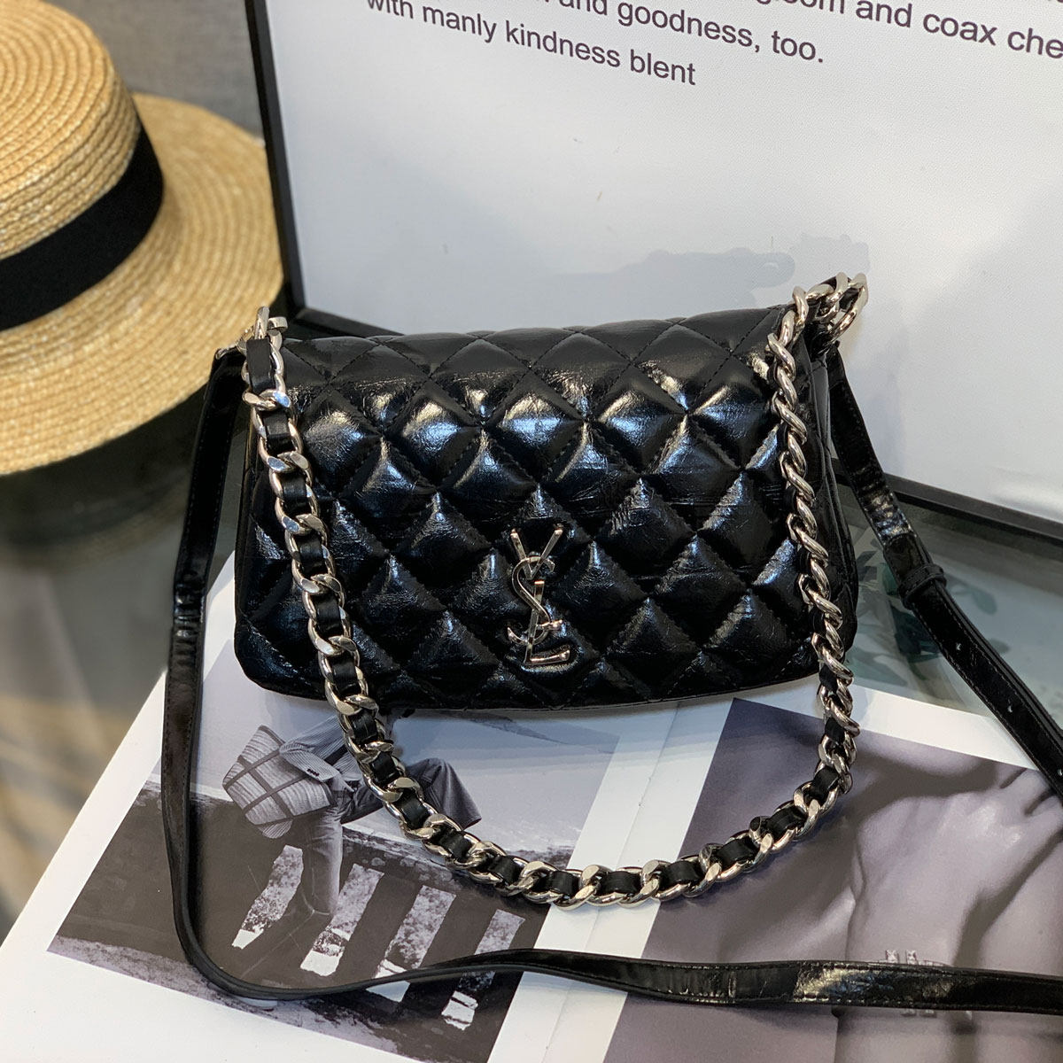 2025新款休闲菱格粗链条欧美字母翻盖腋下女包牛皮单肩斜挎潮包