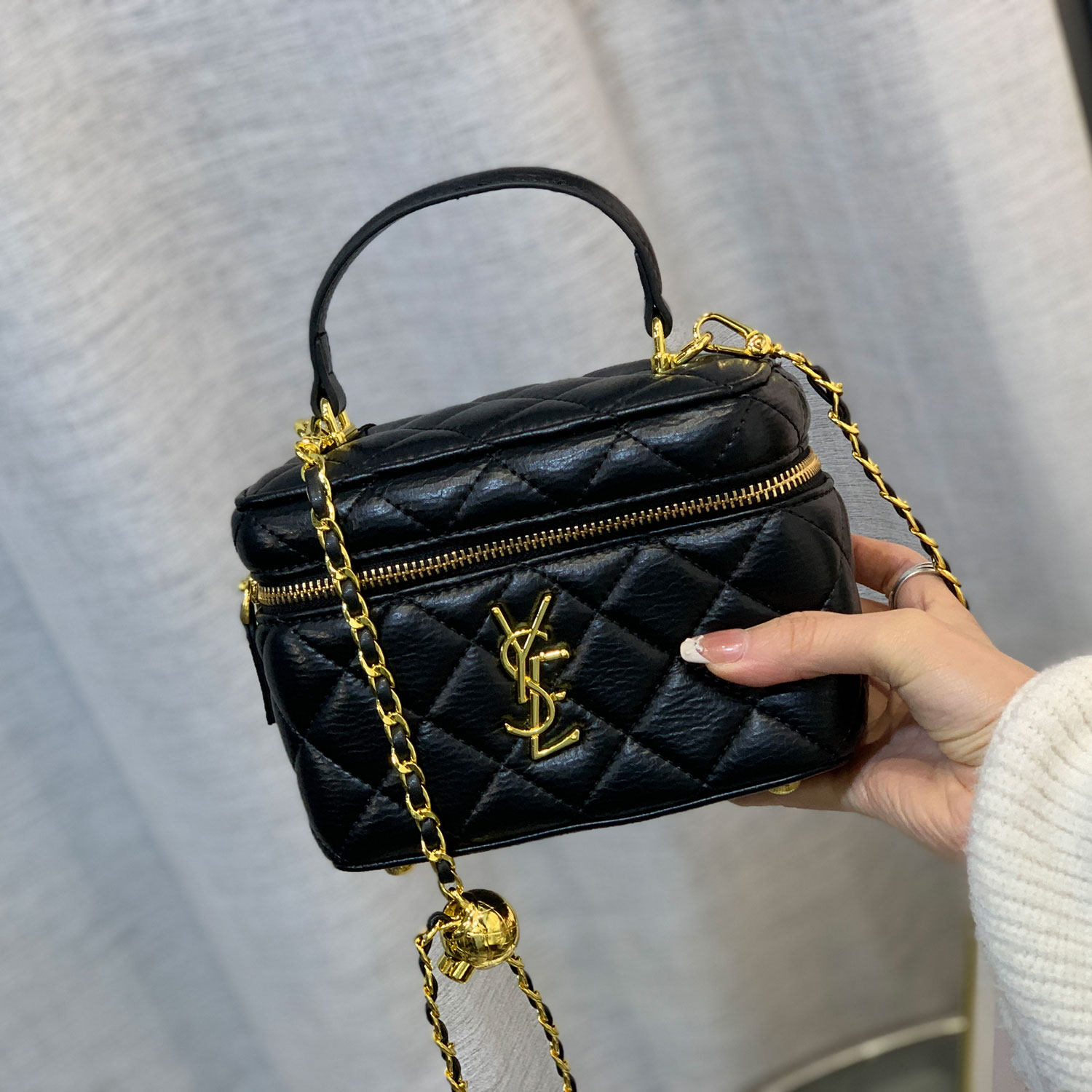 菱格链条盒子包女2025新款高级感手提斜挎包小香风单肩包时尚金球