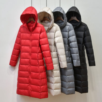优名品2024冬季新款羽绒服女轻薄加长款过膝修身时尚百搭连帽潮流