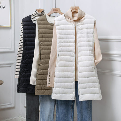 轻薄羽绒马甲女中长款内胆V领