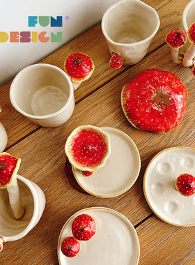 更新现货 泰国Chana手工捏制 陶瓷手绘可爱蘑菇咖啡杯创意礼物