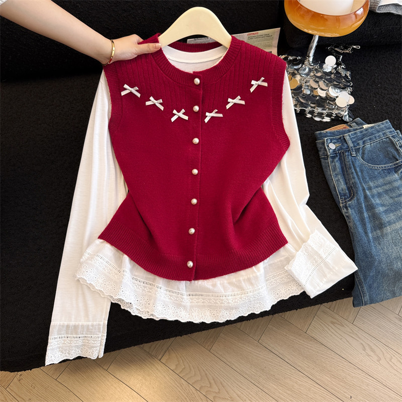 实拍温柔风蝴蝶结单排扣毛衣马甲t恤两件套2026春季新款叠穿背心,女装/女士精品,毛衣,淘宝优惠券,粉丝福利购,淘宝优惠卷
