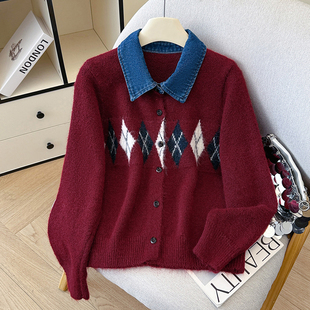 红色新年氛围感学院风菱格牛仔polo领慵懒风开衫针织衫外套毛衣女
