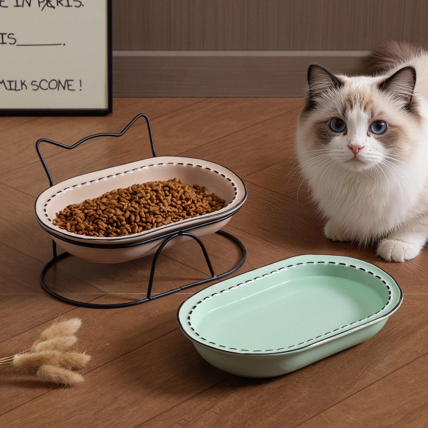 卡通漫画虚线盘陶瓷宠物碗架保护颈椎猫食盆防打翻猫碗狗碗