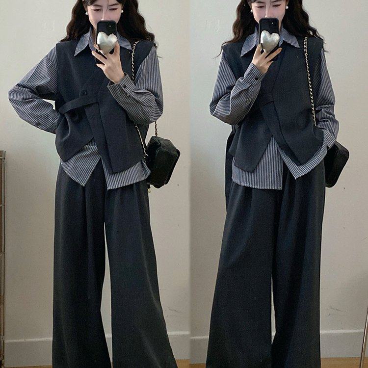 实拍大码女装2026春季新款不规则马甲条纹衬衫阔腿裤三件套,女装/女士精品,大码套装,淘宝优惠券,粉丝福利购,淘宝优惠卷