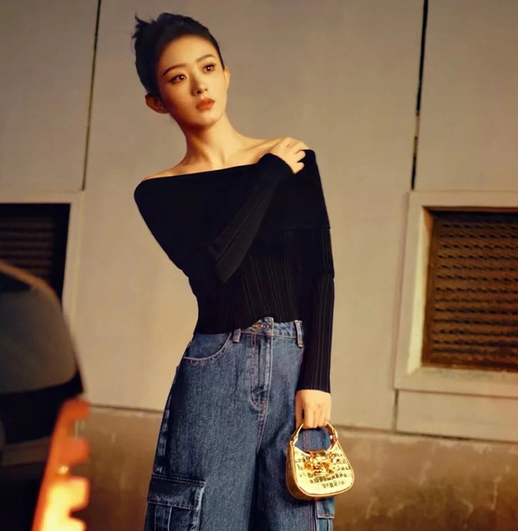 2023IEVEA SELF元版针织弹力条纹拼接长袖一字领上衣