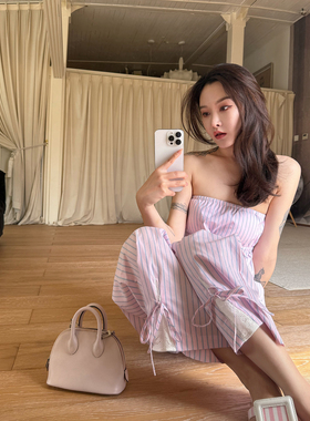 DUO智仙生 粉标 白女美学套装粉红条纹抹胸和阔腿裤