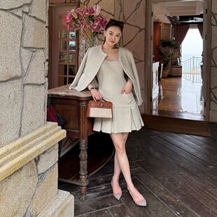 DUO智仙生 黑标 浅春系列白杏色小香风少女感连衣裙和外套套装