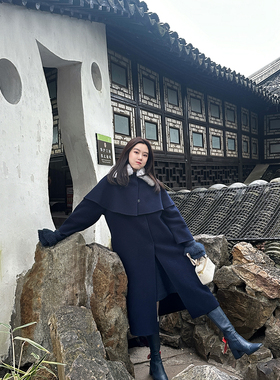 DUO智仙生 黑标 凛冬公主皮草斗篷羊毛双面呢大衣