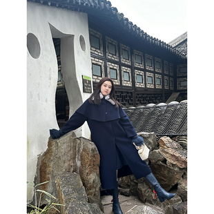 DUO智仙生 凛冬公主皮草斗篷羊毛双面呢大衣 黑标