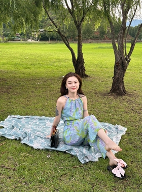 DUO智仙生黑标 夏色弥深蓝色紫藤花亚麻夏日度假连体裤