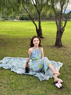 DUO智仙生黑标 夏色弥深蓝色紫藤花亚麻夏日度假连体裤