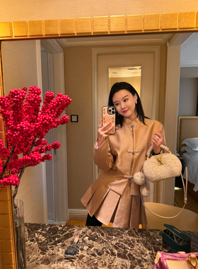 DUO智仙生 黑标 山月有灵 西柚色纺丝毛中式外套和百褶裙