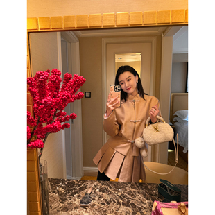 DUO智仙生 黑标 山月有灵 西柚色纺丝毛中式外套和百褶裙