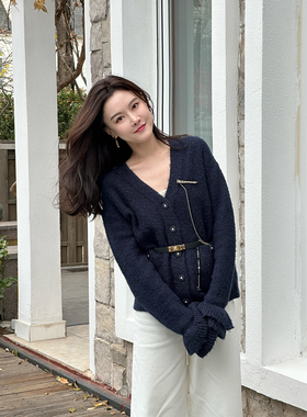 DUO智仙生 黑标 悠长假期深蓝色荷叶边小香风羊羔针织开衫