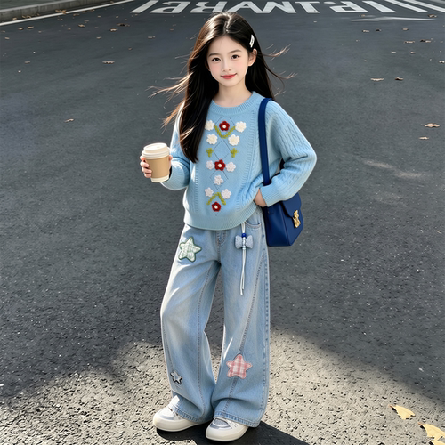 女大童秋季洋气针织牛仔两件套