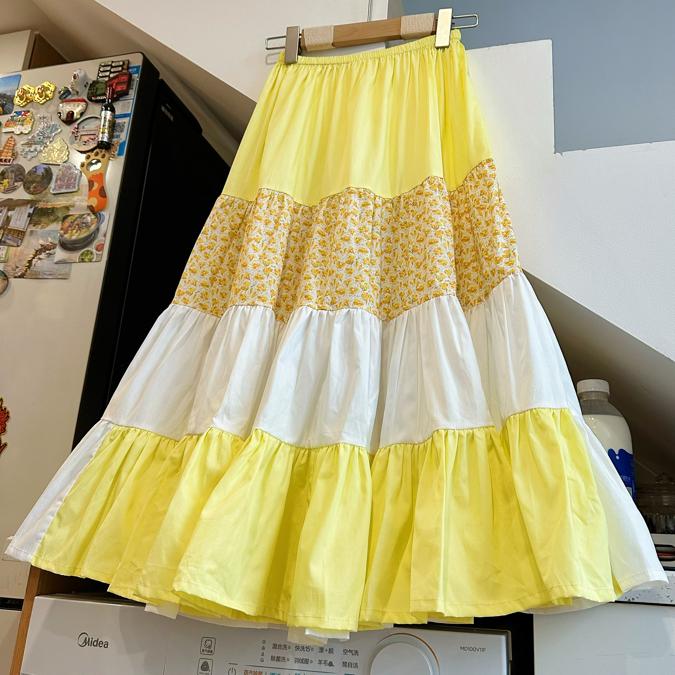 夏日 清新 明媚黄色系 可爱手工碎花 苍井优 蛋糕裙半身裙-