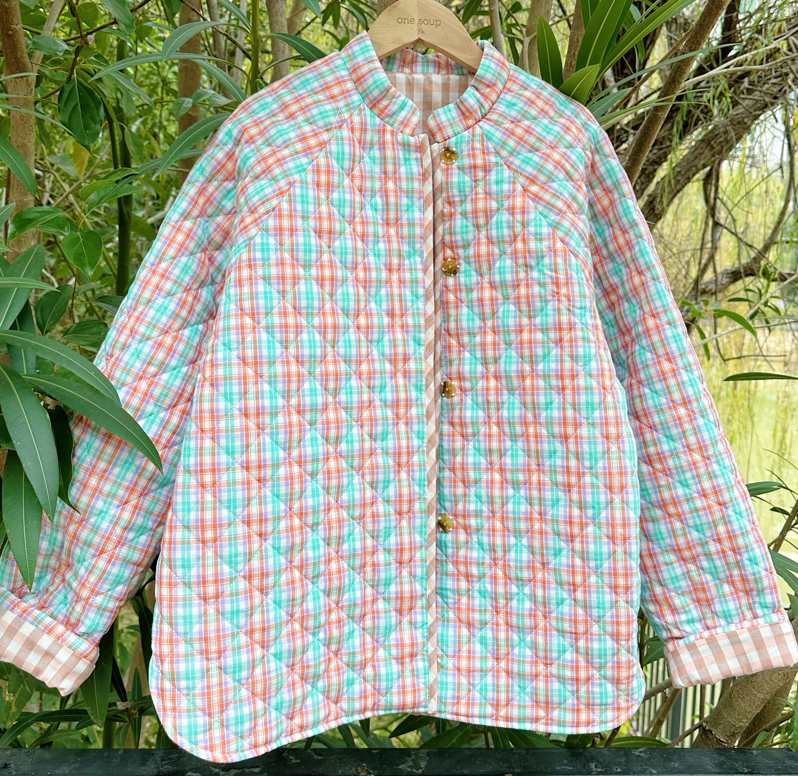 手作孤品 暗扣韩格纹面料绗缝复古vintage风格立领显瘦棉衣外套-