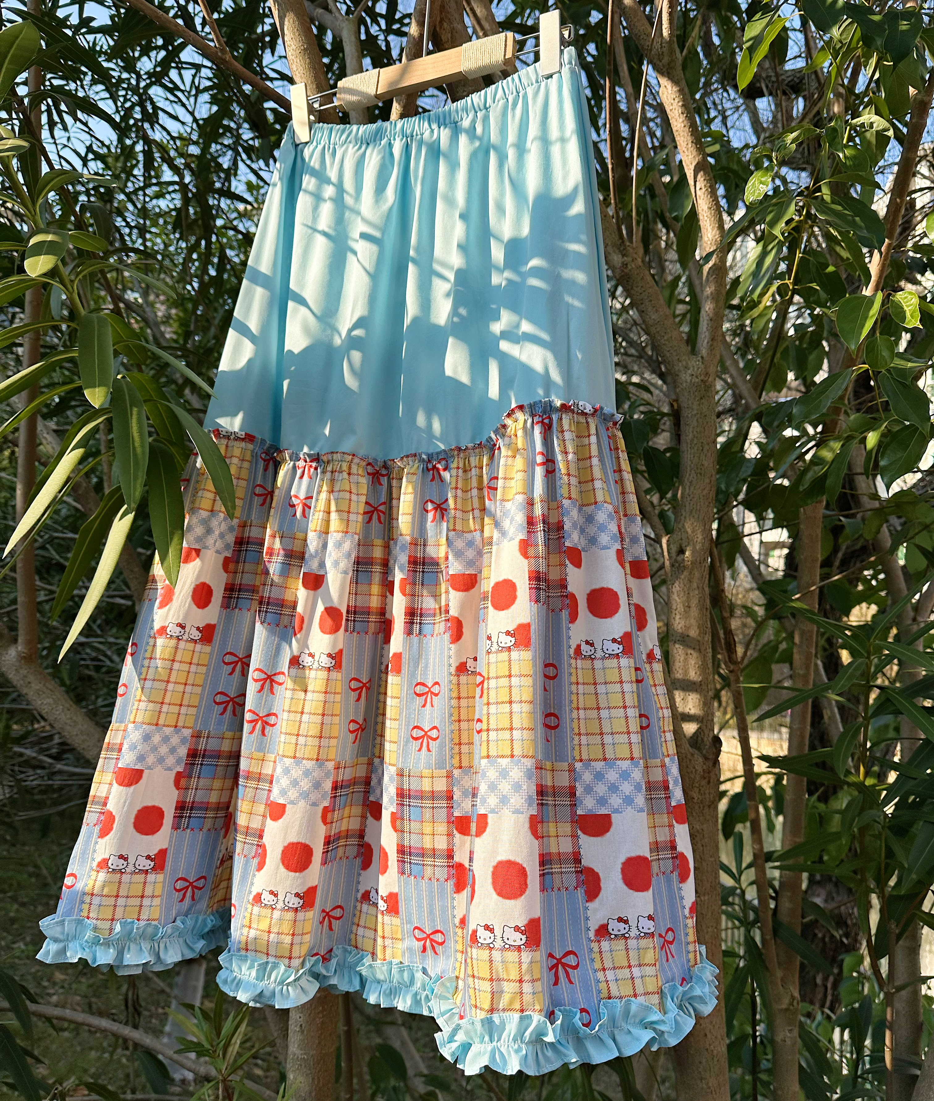 手作孤品 kitty蝴蝶结拼布 法式蓝调 木耳花边 半身裙长裙-